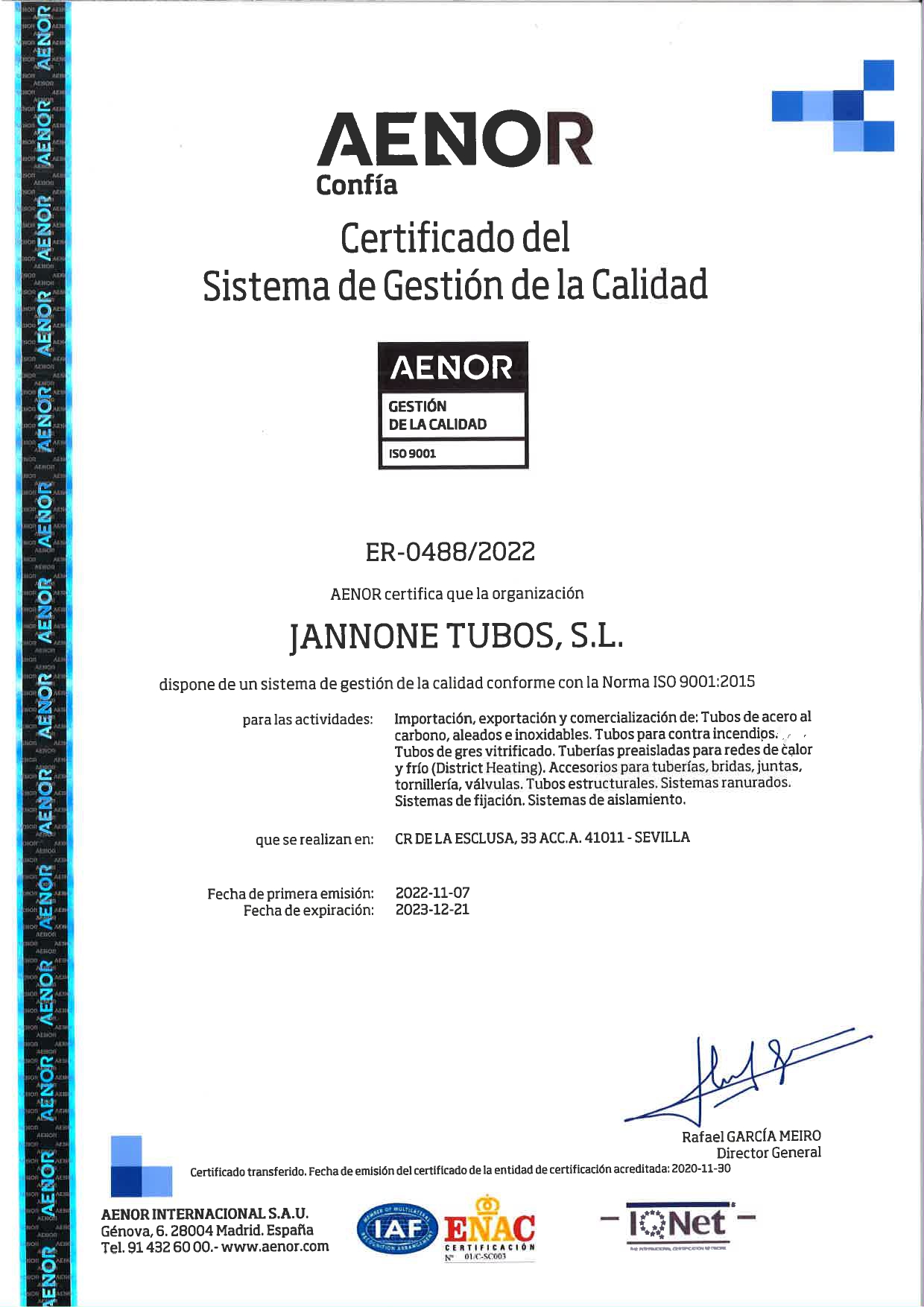 Jannone Tubos SL ha sido certificada por AENOR - Grupo Jannone